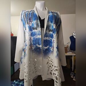 Elegant Blue and White Floral Open Front Cardigan